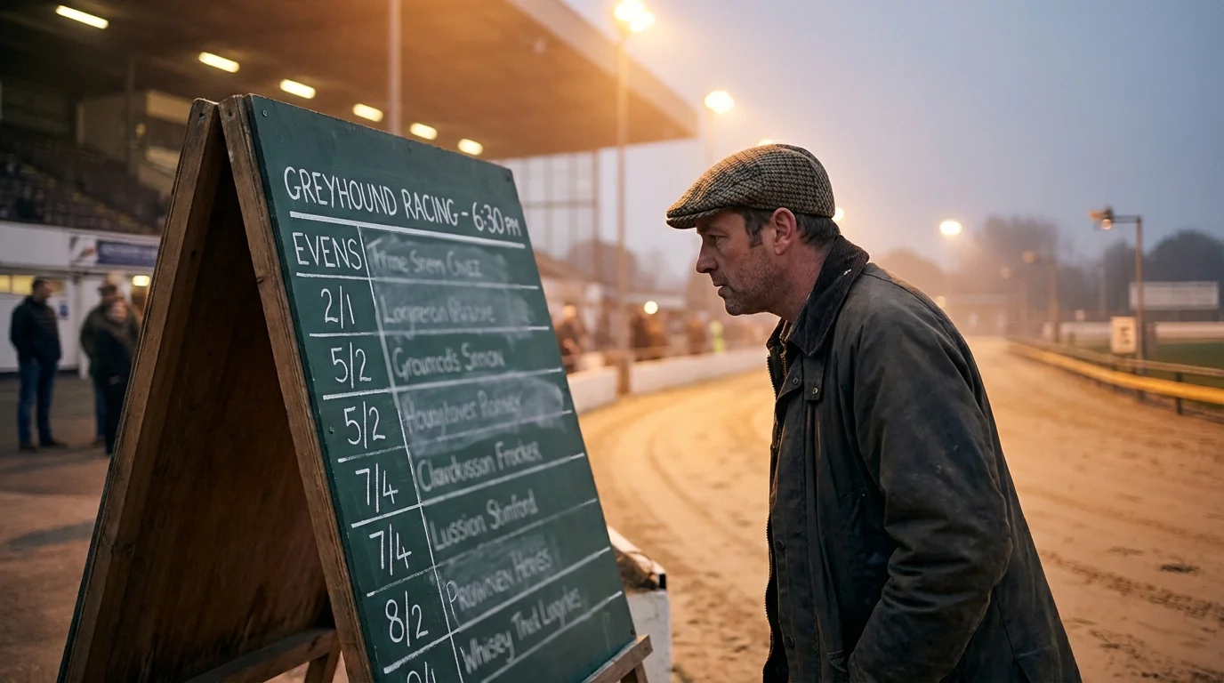 Ante-post greyhound betting odds displayed on a bookmaker board before Derby heats