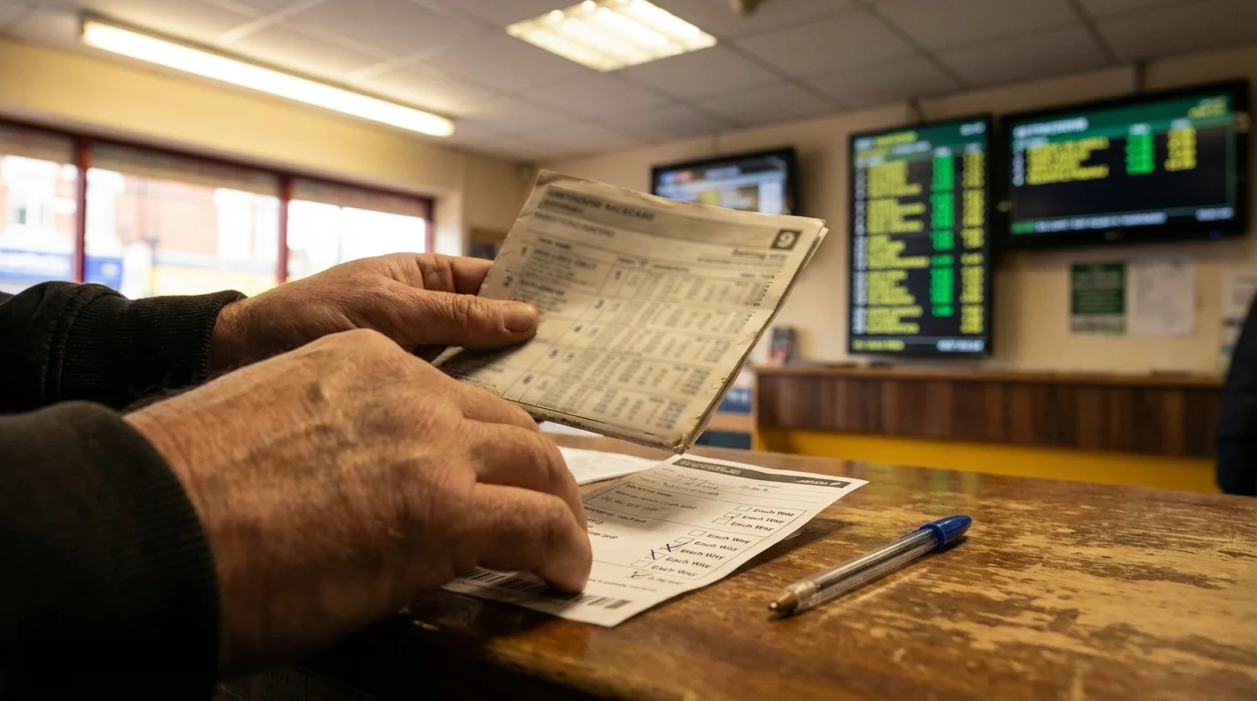Each way greyhound betting slip next to a racecard at a UK greyhound track