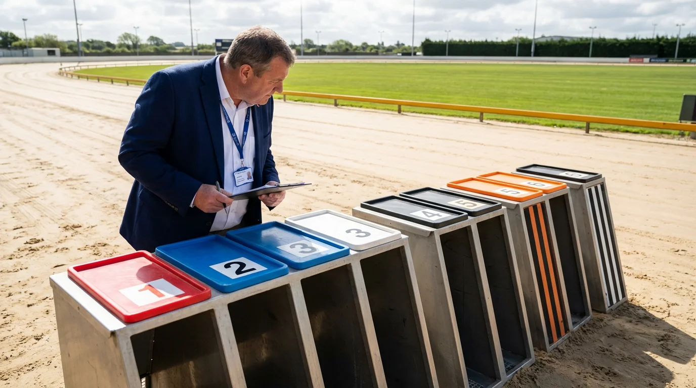 GBGB regulation of UK greyhound racing — official inspecting greyhound traps at a licensed track