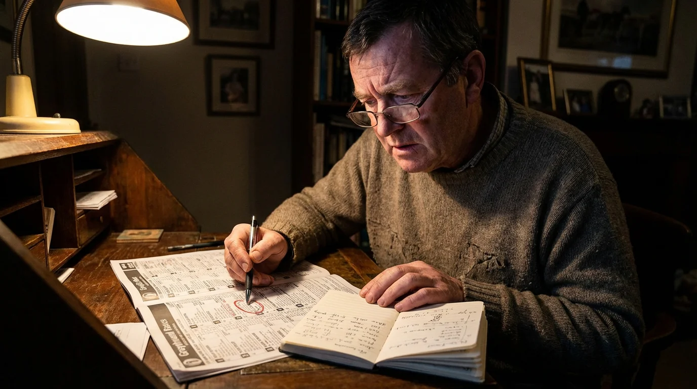 Punter studying a greyhound race card with a pen marking key data