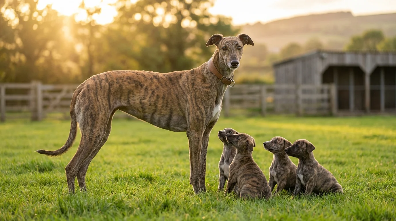 Greyhound breeding and bloodlines — adult greyhound standing beside a litter of greyhound puppies