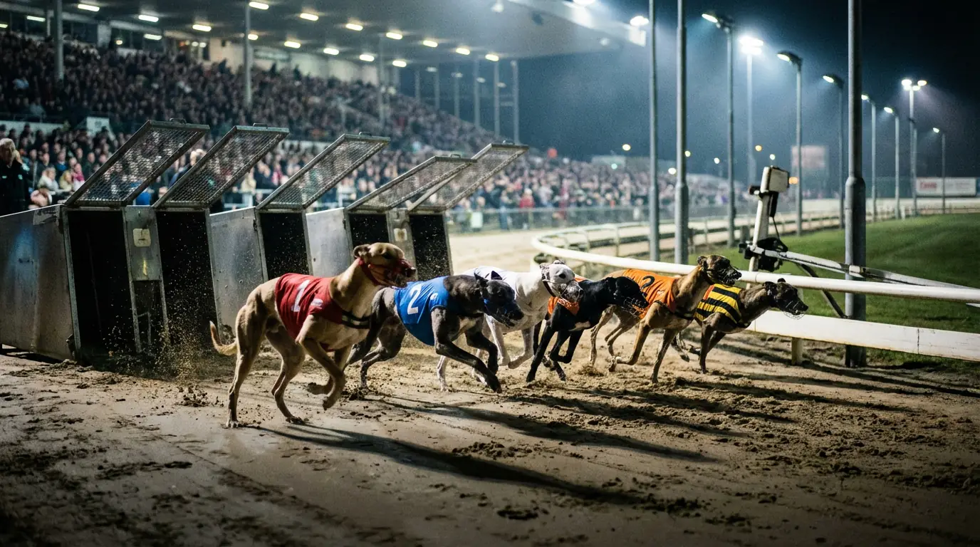 Greyhound Derby betting — close-up of greyhounds bursting from the traps under floodlights