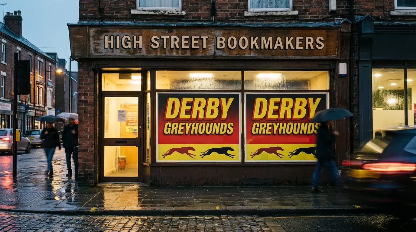 Bookmaker promotional banner for the Greyhound Derby on a betting shop window