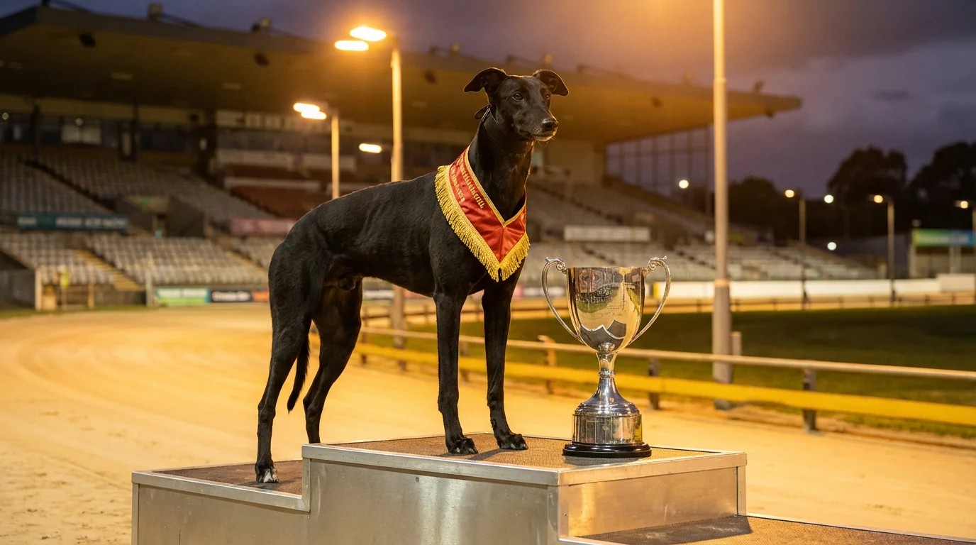 Greyhound Derby double winners — champion greyhound wearing a winner's sash on the podium