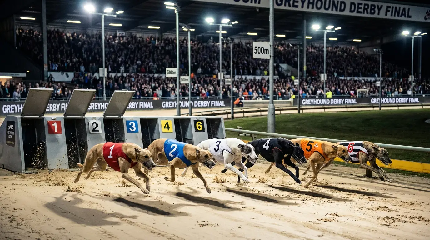 Greyhound Derby final with six dogs racing on a sand track under floodlights