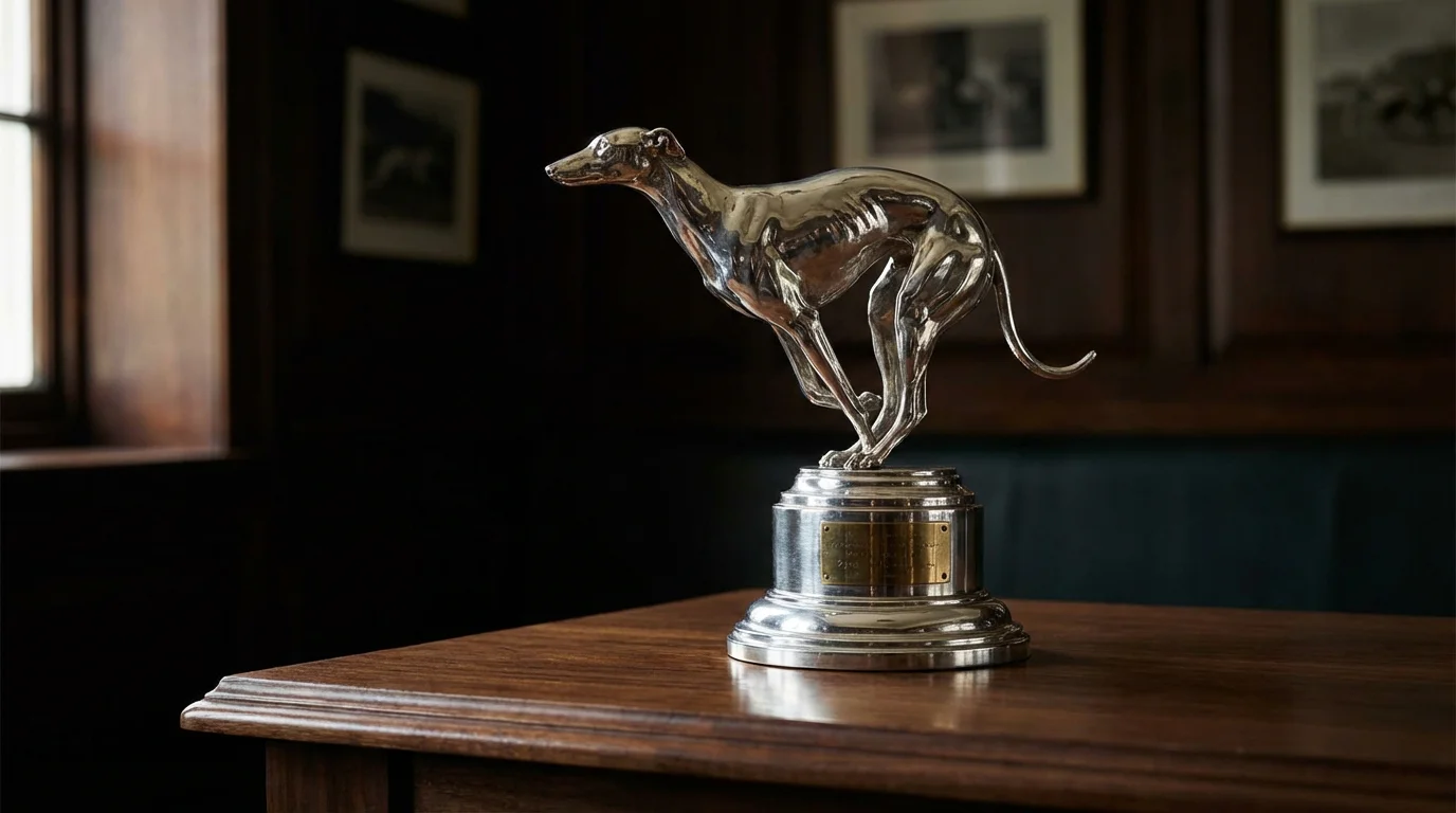 Greyhound racing trophy on display at a UK racecourse