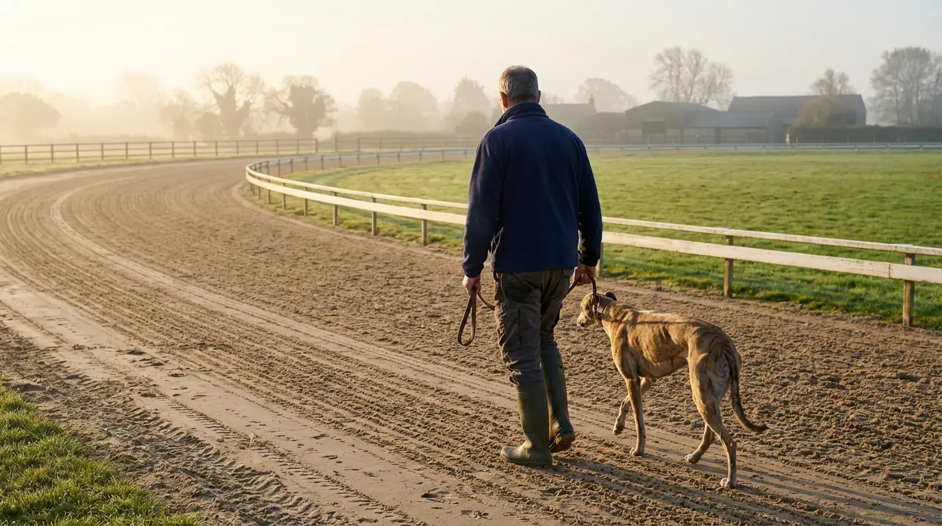 Greyhound trainer walking a racing dog along a sand track at dawn