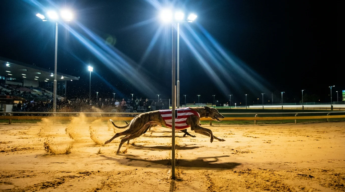 Greyhound Derby upset — outsider greyhound crossing the finish line first under floodlights