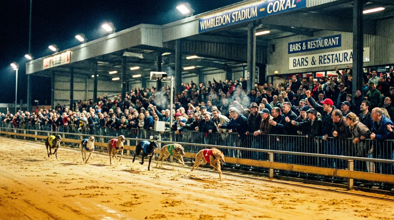 Greyhound Derby race night at Wimbledon Stadium under floodlights