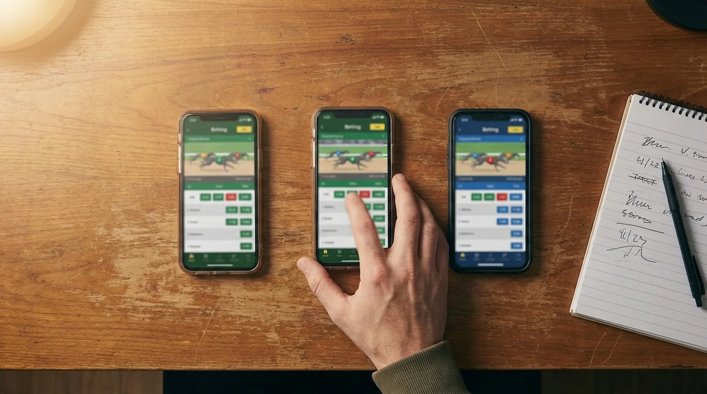 Punter checking greyhound racing odds on multiple bookmaker apps