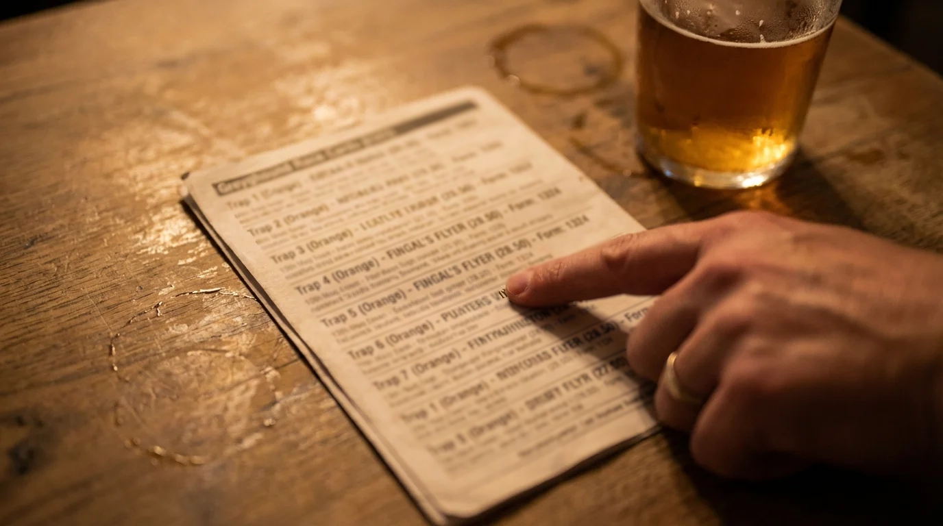 Close-up of a printed greyhound race card with form lines and trap numbers