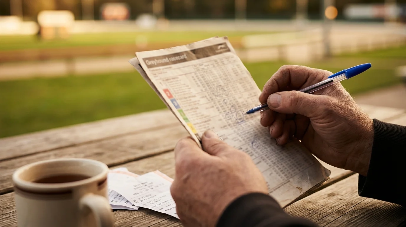Greyhound racing form guide — hand holding a printed racecard with pen marks at a greyhound track