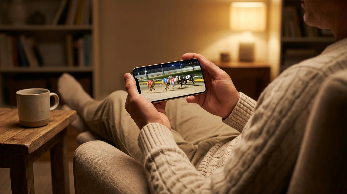 Greyhound race viewed on a mobile phone screen with a live stream