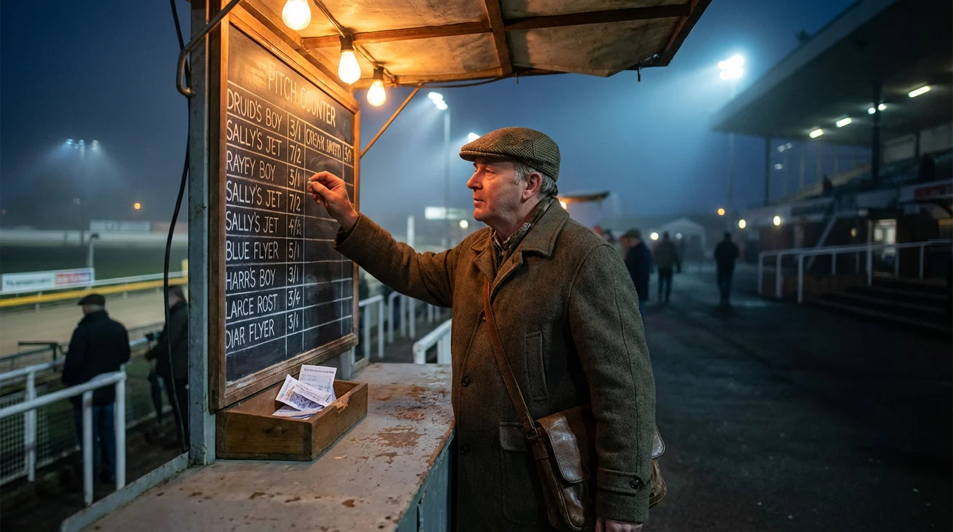 Greyhound racing odds board showing fractional prices at a UK bookmaker stand
