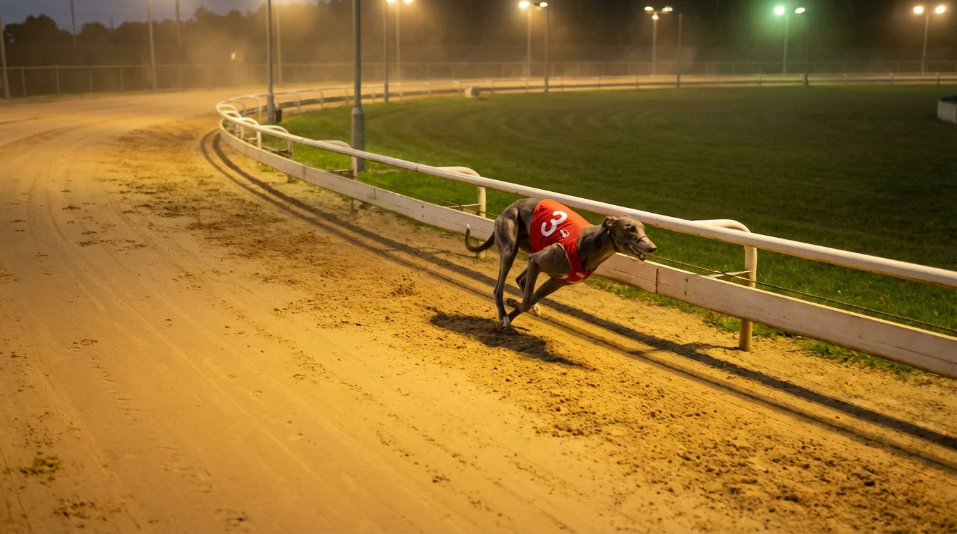 Greyhound running styles — railer greyhound hugging the inside rail on a sand track