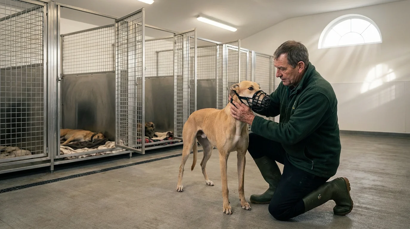 Greyhound trainer preparing a racing greyhound at kennel facilities before the Derby