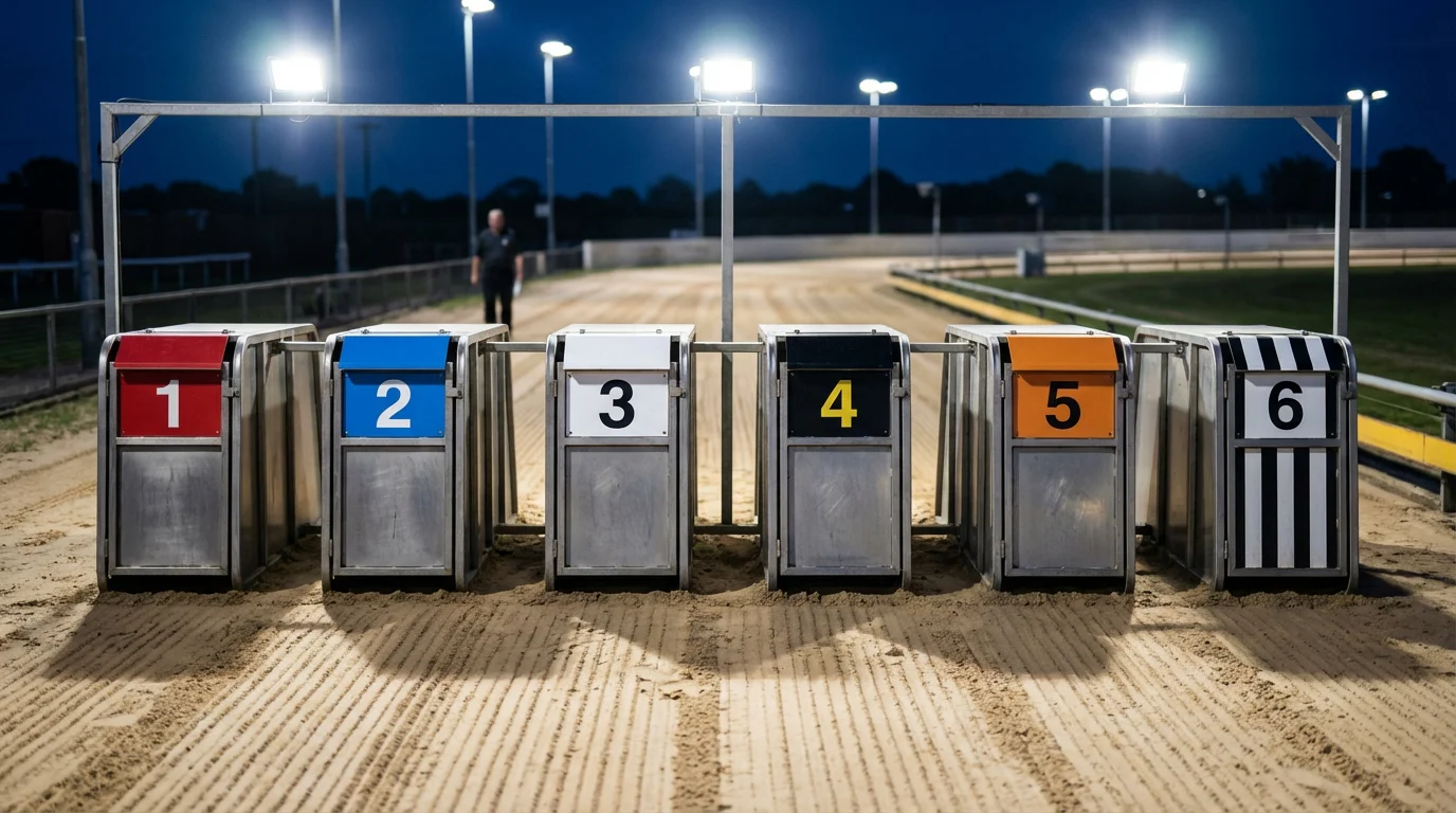 Six greyhound starting traps numbered one to six at a UK sand track before a race