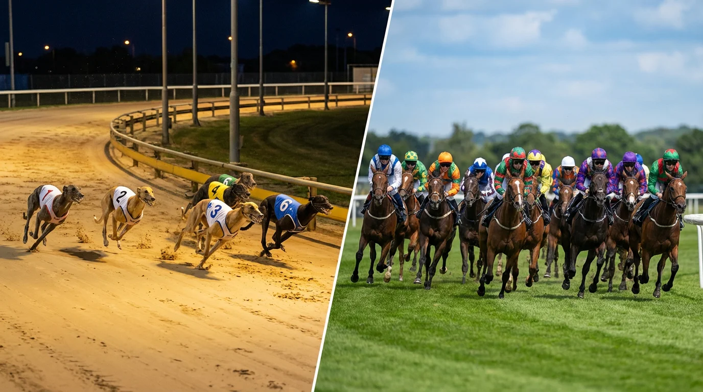 Greyhound racing versus horse racing — split scene with greyhounds on sand track and horses on turf