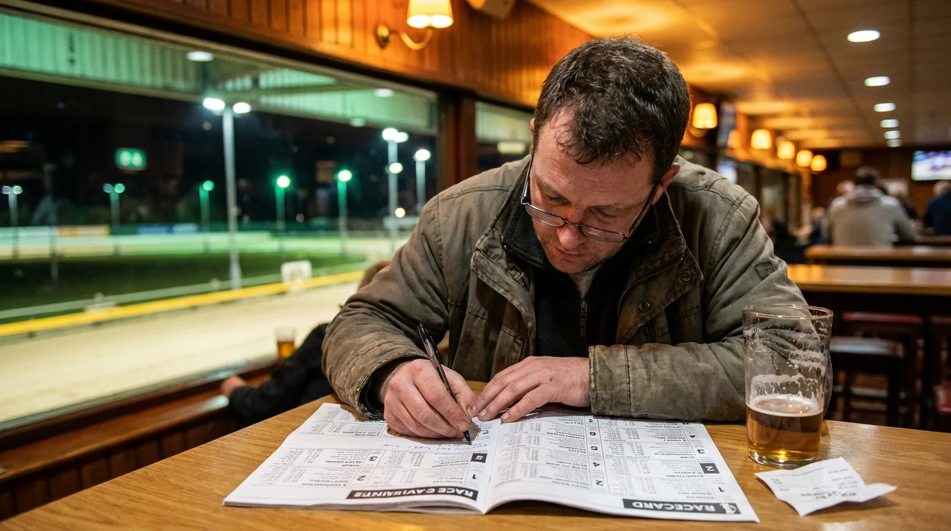 How to bet on greyhound racing — punter studying a racecard at a UK greyhound track