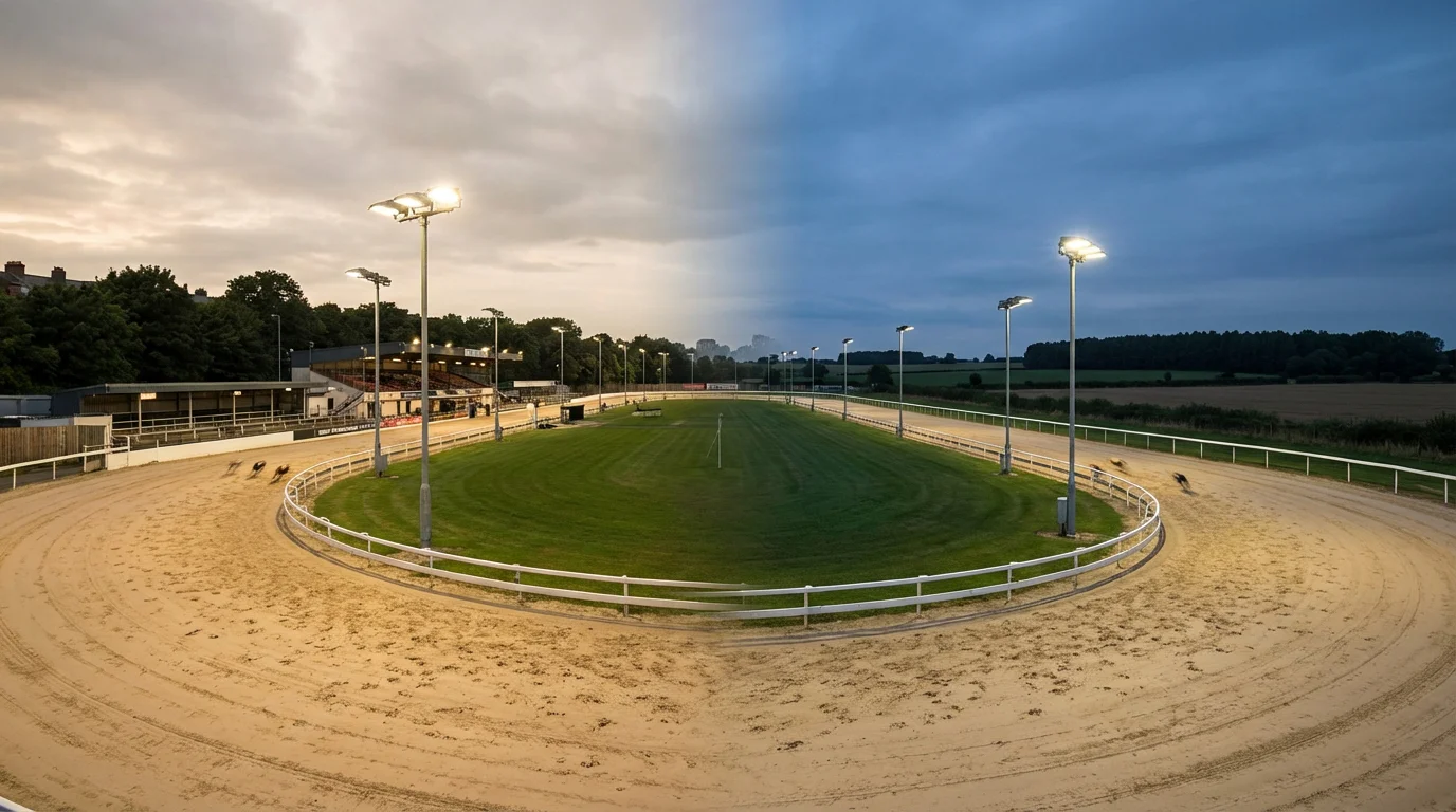 Two greyhound racing tracks side by side — Shelbourne Park and Towcester