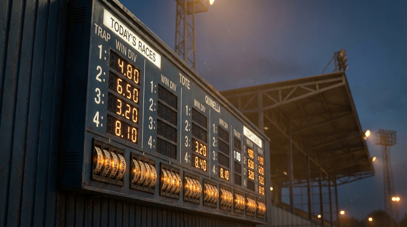 Tote betting in greyhound racing — tote pool board at a greyhound track showing dividends