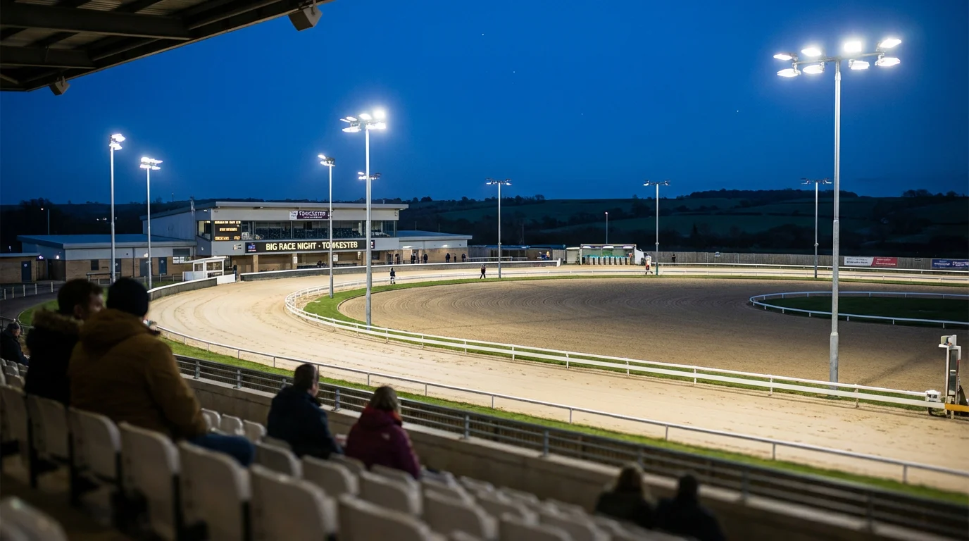 Towcester greyhound stadium sand track viewed from the grandstand on race night