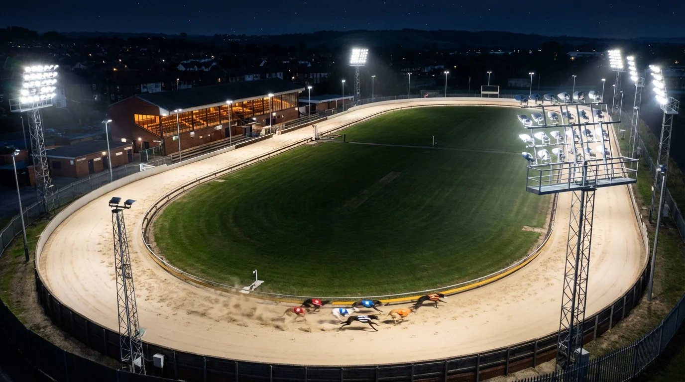 UK greyhound racing track with floodlights illuminating the sand circuit on race night