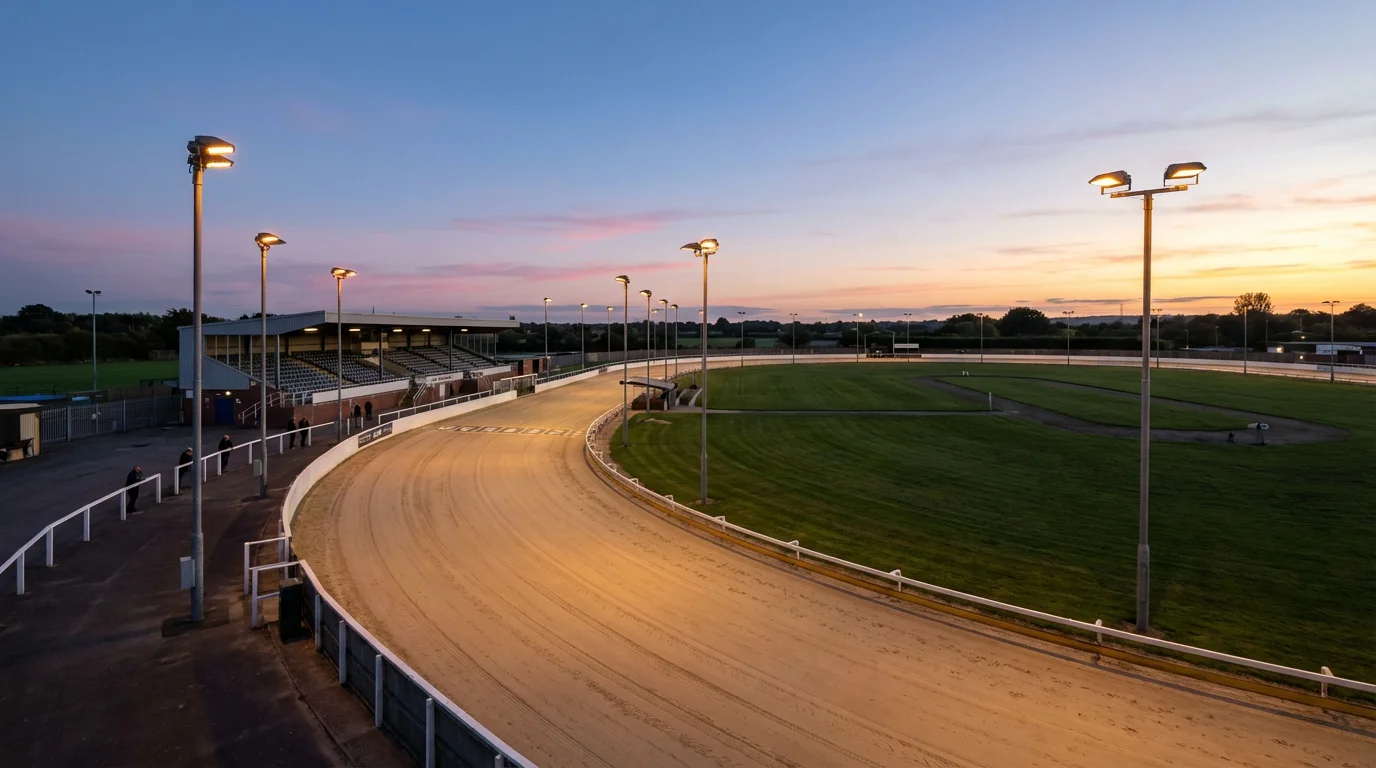 UK greyhound racing tracks — aerial view of Towcester greyhound stadium sand track with floodlights