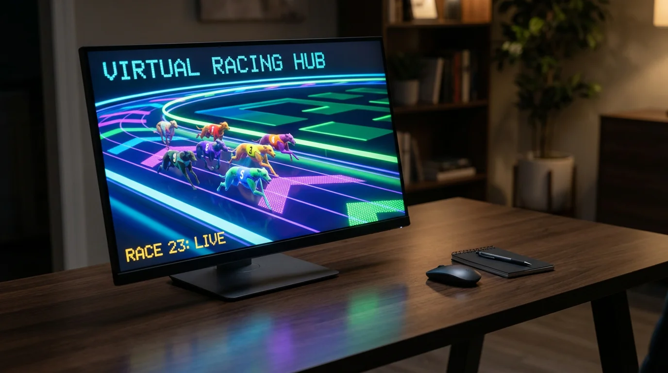 Virtual greyhound racing — computer screen displaying animated greyhound race on a desk