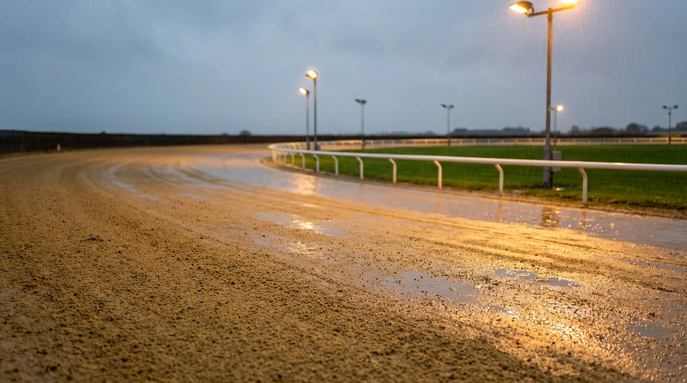 Weather and track conditions in greyhound racing — rain falling on a sand greyhound track under floodlights